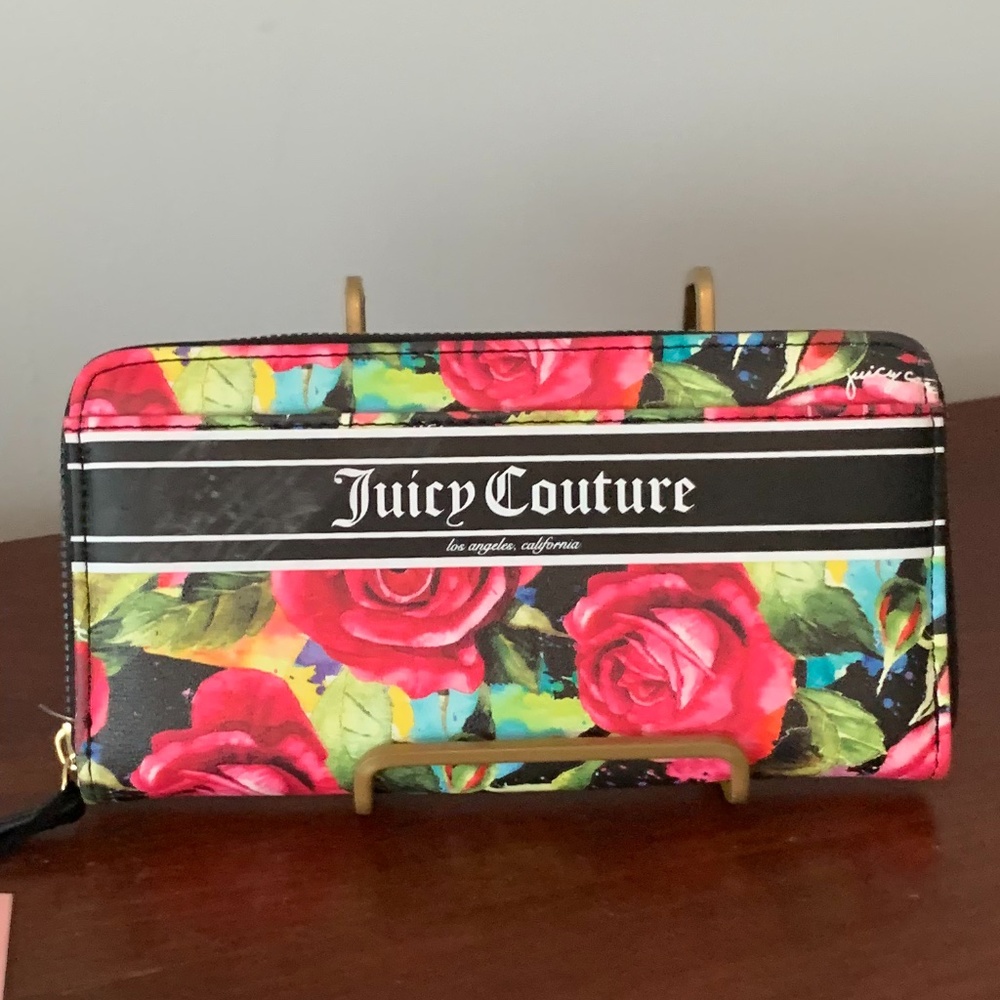Juicy Couture Black Multi Rose Gothic Logo Stripe Wallet --NWT